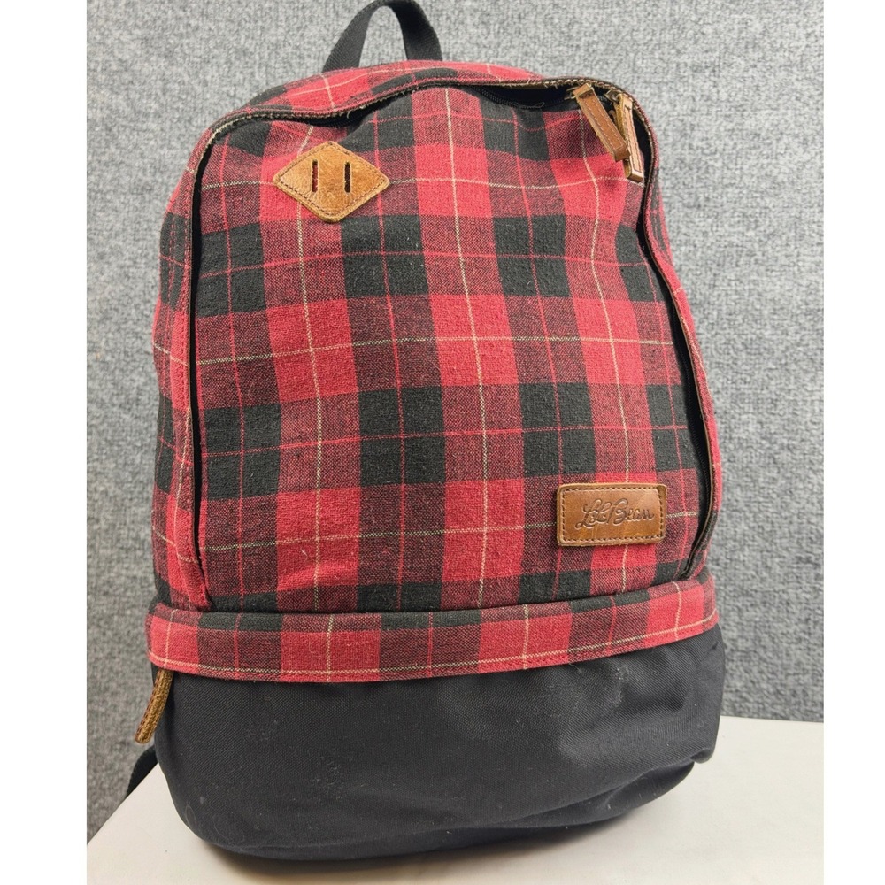 Vintage LL Bean Buffalo Plaid Backpack Red Black Wool Canvas Laptop Daypack EUC